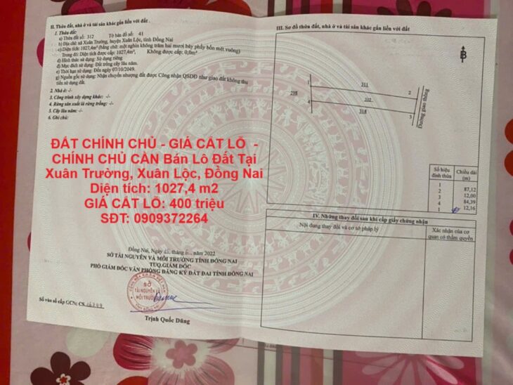 ĐẤT CHÍNH CHỦ – GIÁ CẮT LỖ – CHÍNH CHỦ CẦN Bán Lô Đất Tại Xuân Trường, Xuân Lộc, Đồng Nai