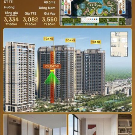 Chung cư Masteri Trinity Square – Vinhomes Ocean Park 2, Căn 1PN+ diện tích 49,3m2 hướng Đông Nam