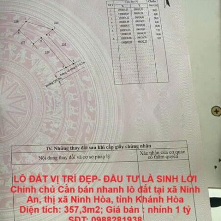 LÔ ĐẤT VỊ TRÍ ĐẸP- ĐẦU TƯ LÀ SINH LỜI Chính chủ Cần bán nhanh lô đất tại thị xã Ninh Hòa, tỉnh