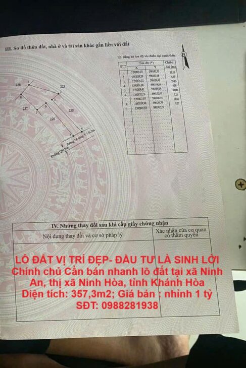 LÔ ĐẤT VỊ TRÍ ĐẸP- ĐẦU TƯ LÀ SINH LỜI Chính chủ Cần bán nhanh lô đất tại thị xã Ninh Hòa, tỉnh