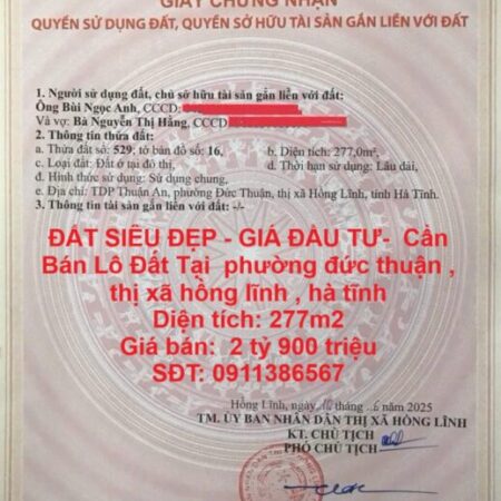 ĐẤT SIÊU ĐẸP – GIÁ ĐẦU TƯ- Cần Bán Lô Đất Tại phường đức thuận , thị xã hồng lĩnh , hà tĩnh
