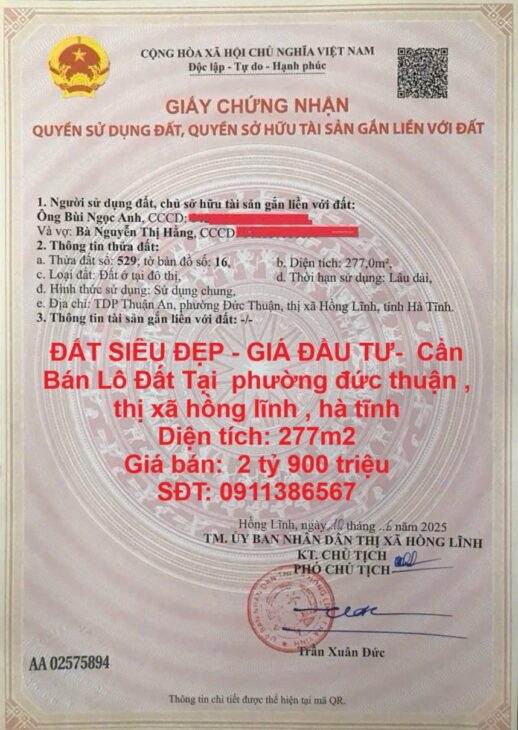 ĐẤT SIÊU ĐẸP – GIÁ ĐẦU TƯ- Cần Bán Lô Đất Tại phường đức thuận , thị xã hồng lĩnh , hà tĩnh