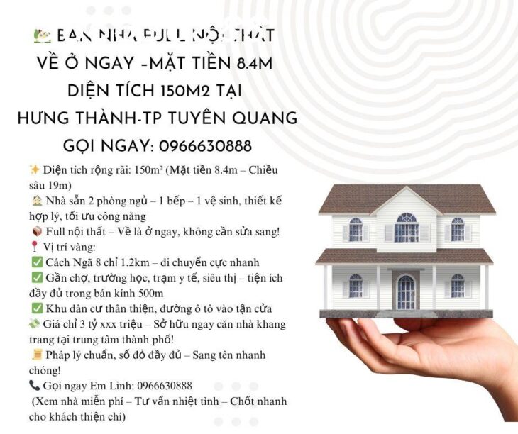 Bán nhà full nội thất về ở ngay mặt tiền 8.4m diện tích 150m2 tại Hưng Thành TP Tuyên Quang