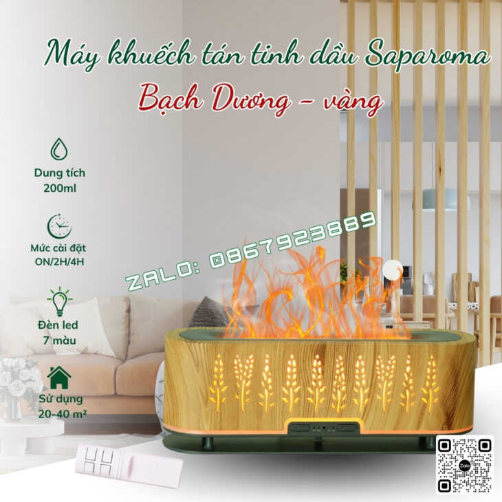 MÁY KHUẾCH TÁN TINH DẦU SAPAROMA, THƠM PHÒNG, BÙ ẨM, ĐÈN LED HIỆU ỨNG LỬA, HỖ TRỢ KHỬ MÙI, ĐUỔI MUỖI