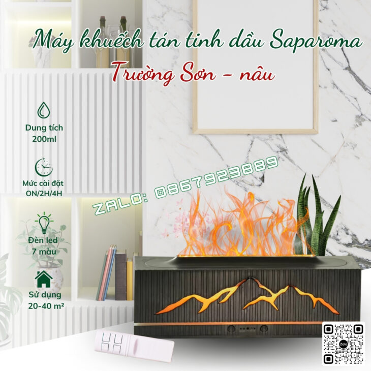 MÁY KHUẾCH TÁN TINH DẦU SAPAROMA, THƠM PHÒNG, BÙ ẨM, ĐÈN LED HIỆU ỨNG LỬA, HỖ TRỢ KHỬ MÙI, ĐUỔI MUỖI
