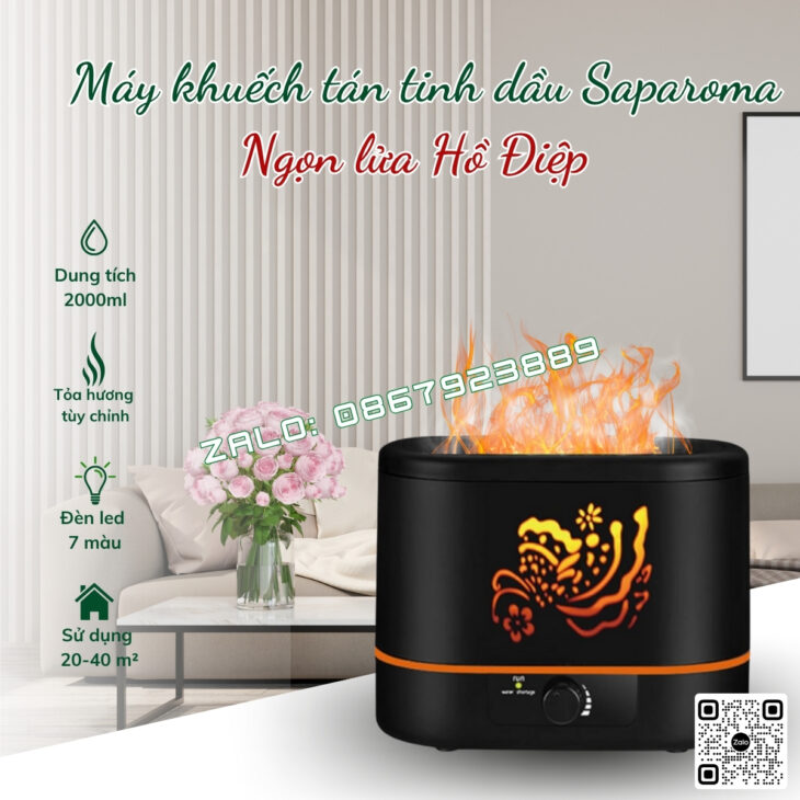 MÁY KHUẾCH TÁN TINH DẦU SAPAROMA, THƠM PHÒNG, BÙ ẨM, ĐÈN LED HIỆU ỨNG LỬA, HỖ TRỢ KHỬ MÙI, ĐUỔI MUỖI