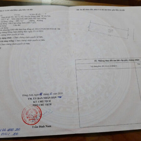 BÁN ĐẤT 105.7M2 KÍNH NỖ UY NỖ ĐÔNG ANH – THÔNG Ô TÔ 7 CHỖ – GIÁ 6X