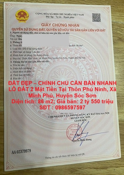 ĐẤT ĐẸP – CHÍNH CHỦ CẦN BÁN NHANH LÔ ĐẤT 2 Mặt Tiền Tại SÓC SƠN, Thành Phố HÀ NỘI ĐẤT ĐẸP – CHÍNH CHỦ CẦN BÁN NHANH LÔ ĐẤT 2 Mặt Tiền Tại SÓC SƠN, Thành Phố HÀ NỘI