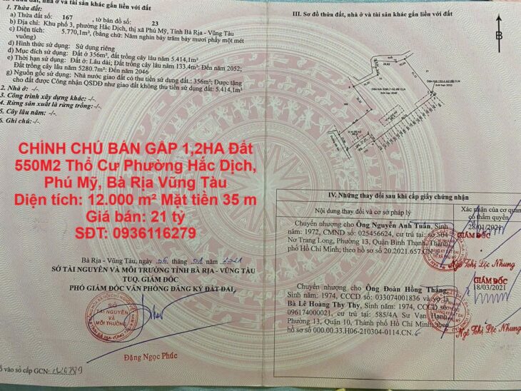 CHÍNH CHỦ BÁN GẤP 1,2HA Đất 550M2 Thổ Cư Phường Hắc Dịch, Phú Mỹ, Bà Rịa Vũng Tàu