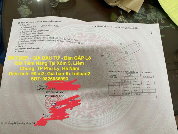 ĐẤT ĐẸP – GIÁ ĐẦU TƯ – Bán GẤP Lô Đất Tiềm Năng Tại Xóm 5, Liêm Chung, TP Phủ Lý, Hà Nam