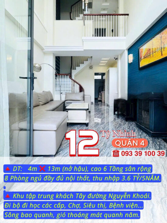 NHÀ KẾ QUẬN 1- DÒNG TIỀN 3.6 TỶ/5NĂM- CAO 6 TẦNG 8 PHÒNG ĐỦ NỘI THẤT- NGUYỄN KHOÁI QUẬN 4: 12 TỶ.