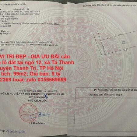 LÔ ĐẤT VỊ TRÍ ĐẸP – GIÁ ƯU ĐÃI cần bán nhanh lô đất tại huyện Thanh Trì, TP Hà Nội