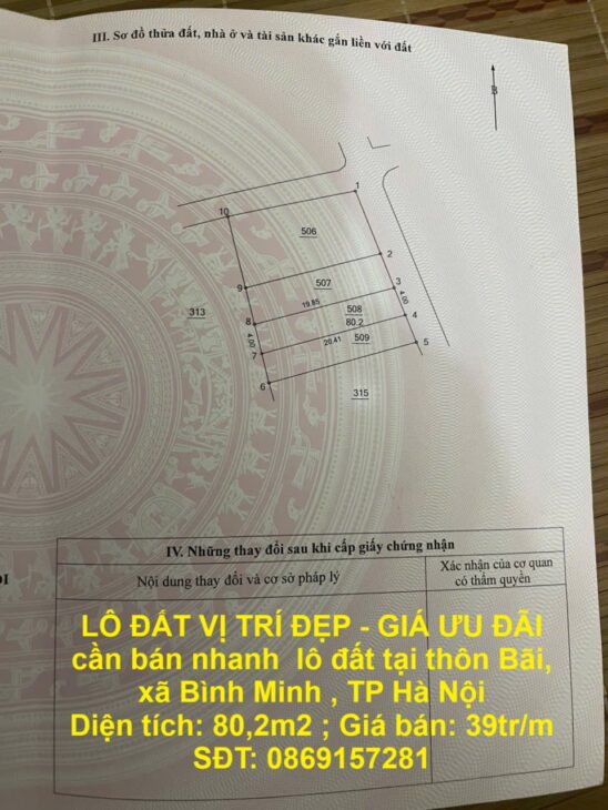 LÔ ĐẤT VỊ TRÍ ĐẸP – GIÁ ƯU ĐÃI cần bán nhanh lô đất tại xã Bình Minh, TP Hà Nội
