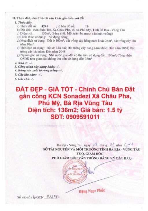 ĐẤT ĐẸP – GIÁ TỐT – Chính Chủ Bán Đất gần cổng KCN Sonadezi Châu Đức, điểm đầu Vành Đai 4.