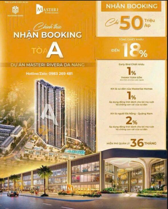 Nhận BOOKING TÒA A CHỈ 50 TRIỆU/CĂN đẹp nhất DỰ ÁN MASTERI RIVERA ĐÀ NẴNG, P.Hòa Cường Nam, Hải Châu