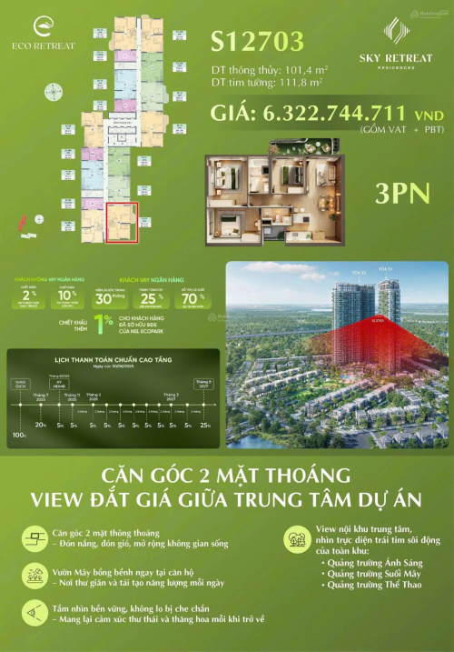 Căn hộ 3PN Eco Retreat vườn mây cuối cùng có tầm nhìn toàn dự án xanh mát giá chủ đầu tư