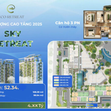 Căn hộ 3 phòng ngủ Eco Retreat giá gốc CĐT 4,3 tỷ (gồm VAT+KPBT) không chênh, có vườn mây 109m2