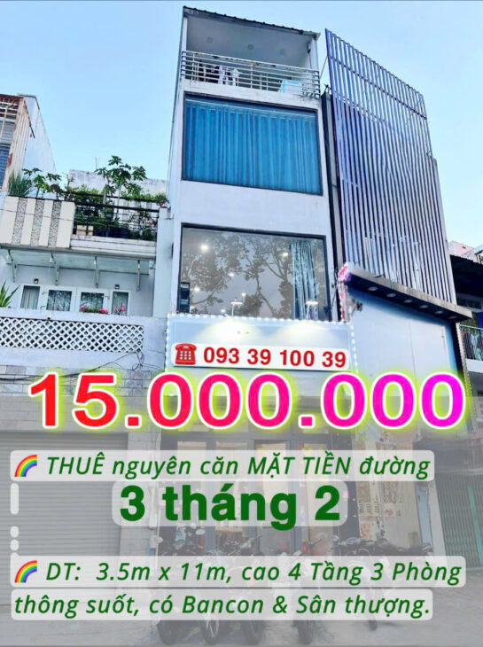 15 Triệu: HIẾM nguyên căn MẶT TIỀN đường 3 tháng 2 Q10- cao 4 tầng 3 phòng thông suốt. VŨ 0933910039