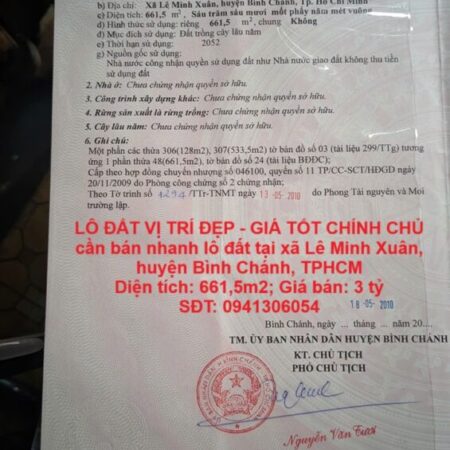 LÔ ĐẤT VỊ TRÍ ĐẸP – GIÁ TỐT CHÍNH CHỦ cần bán nhanh lô đất tại huyện Bình Chánh, TPHCM LÔ ĐẤT VỊ TRÍ ĐẸP – GIÁ TỐT CHÍNH CHỦ cần bán nhanh lô đất tại huyện Bình Chánh, TPHCM