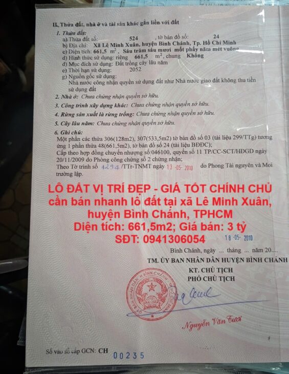 LÔ ĐẤT VỊ TRÍ ĐẸP – GIÁ TỐT CHÍNH CHỦ cần bán nhanh lô đất tại huyện Bình Chánh, TPHCM