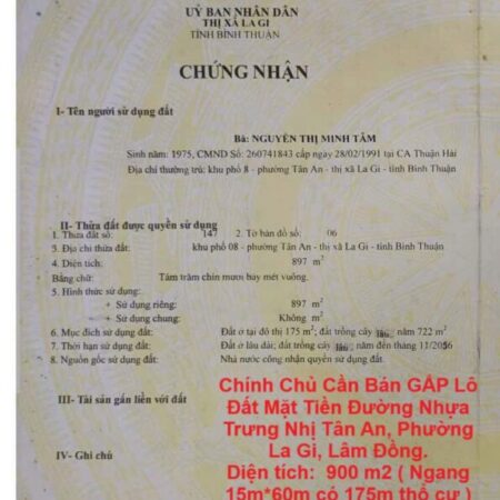 Chính Chủ Cần Bán GẤP Lô Đất Mặt Tiền Đường Nhựa Trưng Nhị Tân An, Phường La Gi, Lâm Đồng. Chính Chủ Cần Bán GẤP Lô Đất Mặt Tiền Đường Nhựa Trưng Nhị Tân An, Phường La Gi, Lâm Đồng.