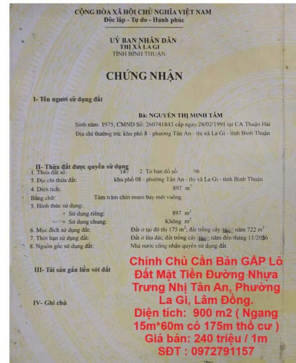 Chính Chủ Cần Bán GẤP Lô Đất Mặt Tiền Đường Nhựa Trưng Nhị Tân An, Phường La Gi, Lâm Đồng.