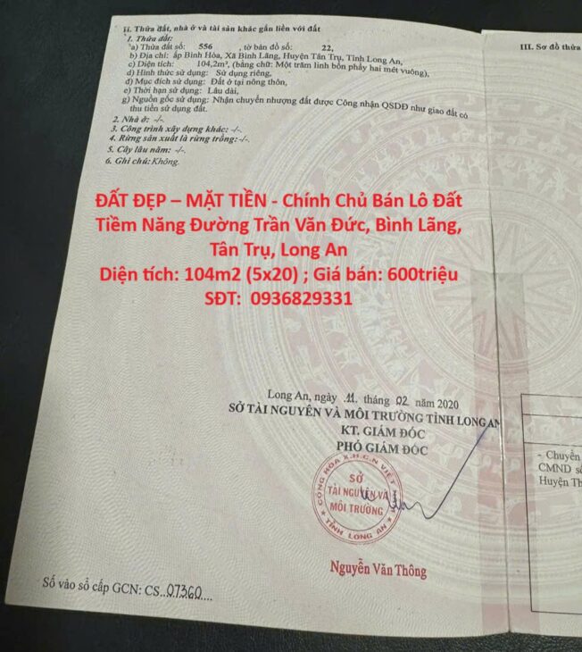 ĐẤT ĐẸP – MẶT TIỀN – Chính Chủ Bán Lô Đất Tiềm Năng Đường Trần Văn Đức, Bình Lãng, Tân Trụ, Long An