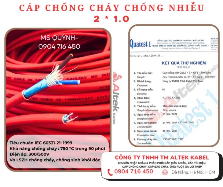 Cáp chống cháy chống nhiễu 2×1.0 Altek Kabel IEC 60331-21: 1999