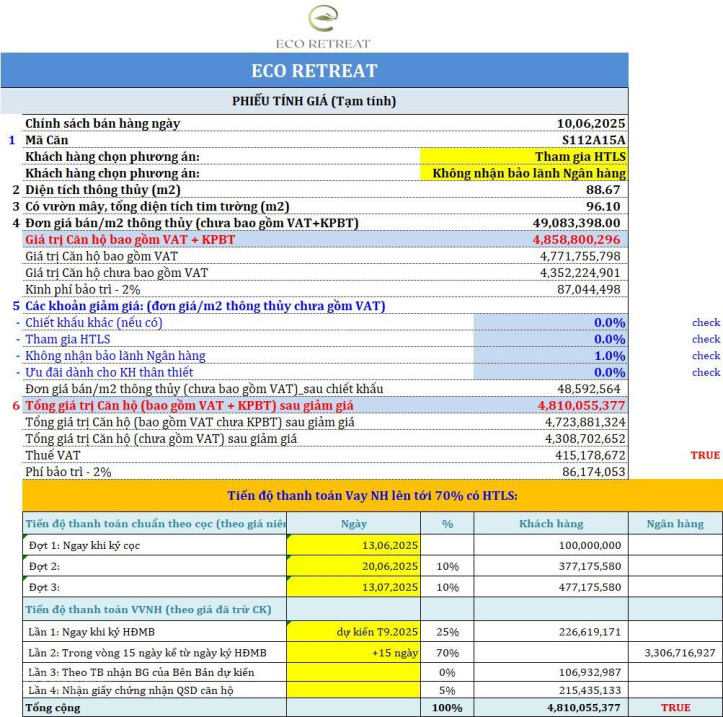 Căn hộ 2PN Eco Long An, Eco Retreat ban công vườn mây, view BT Đảo, 96m2 chỉ 4.5 tỷ rẻ nhất thị