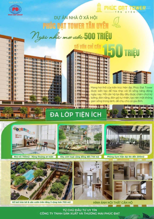 Dự án nhà ở xã hội Phúc Đạt Tân Uyên, căn hộ giá 500-600 triệu, 150 triệu nhận nhà