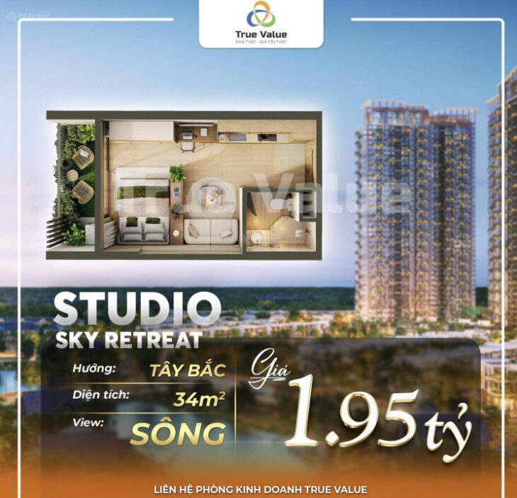 Căn hộ 1 phòng ngủ Eco Retreat 34.5m2, tầng đẹp toà S2, view thoáng mát, vốn tự có chỉ 470tr, miễn