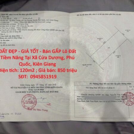 ĐẤT ĐẸP – GIÁ TỐT – Bán GẤP Lô Đất Tiềm Năng Tại Xã Cửa Dương, Phú Quốc, Kiên Giang ĐẤT ĐẸP – GIÁ TỐT – Bán GẤP Lô Đất Tiềm Năng Tại Xã Cửa Dương, Phú Quốc, Kiên Giang