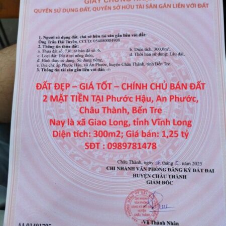 ĐẤT ĐẸP – GIÁ TỐT – CHÍNH CHỦ BÁN ĐẤT 2 MẶT TIỀN TẠI Phước Hậu, An Phước, Châu Thành, Bến Tre