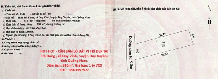 HOT HOT – CẦN BÁN LÔ ĐẤT VỊ TRÍ ĐẸP TẠI Trà Đông , xã Duy Vinh, huyện Duy Xuyên, tỉnh Quảng Nam.
