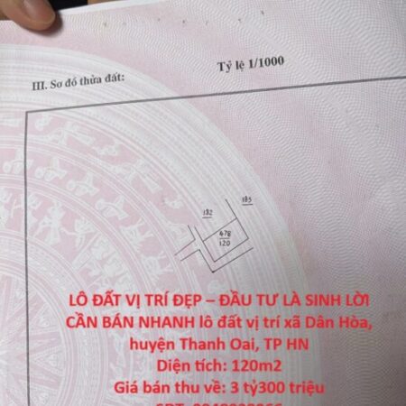 LÔ ĐẤT VỊ TRÍ ĐẸP – ĐẦU TƯ LÀ SINH LỜI CẦN BÁN NHANH lô đất vị trí tại huyện Thanh Oai, TP HN LÔ ĐẤT VỊ TRÍ ĐẸP – ĐẦU TƯ LÀ SINH LỜI CẦN BÁN NHANH lô đất vị trí tại huyện Thanh Oai, TP HN