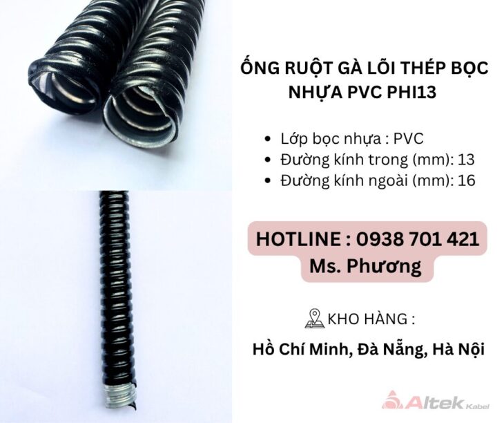 Ống ruột gà lõi thép bọc nhựa PVC Phi13 tại Đà Nẵng, Hà Nội, Hồ Chí Minh