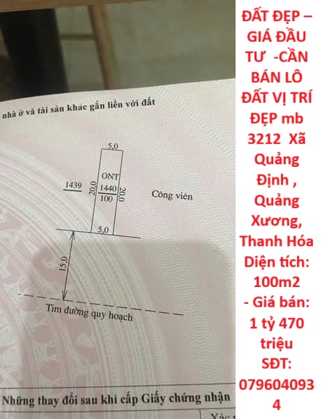ĐẤT ĐẸP – GIÁ ĐẦU TƯ -CẦN BÁN LÔ ĐẤT VỊ TRÍ ĐẸP mb 3212 Xã Quảng Định , Quảng Xương, Thanh Hóa