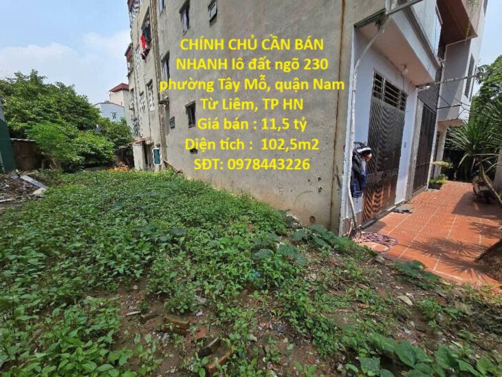 ĐẤT VỊ TRÍ ĐẸP- GIÁ TỐT CHÍNH CHỦ CẦN BÁN NHANH lô đất ngõ 230 Tây Mỗ, quận Nam Từ Liêm, HN