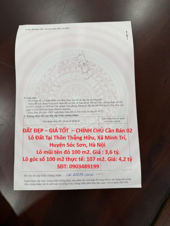 ĐẤT ĐẸP – GIÁ TỐT – CHÍNH CHỦ Cần Bán 02 Lô Đất Tại Thôn Thắng Hữu, Xã Minh Trí, Huyện Sóc Sơn, Hà