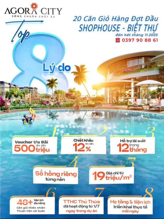 CƠ HỘI VÀNG TRƯỚC NGƯỠNG TĂNG GIÁ – 8 LÝ DO NHÀ ĐẦU TƯ CHỌN AGORA CITY: 19 tr (V). Khanh 0397908861