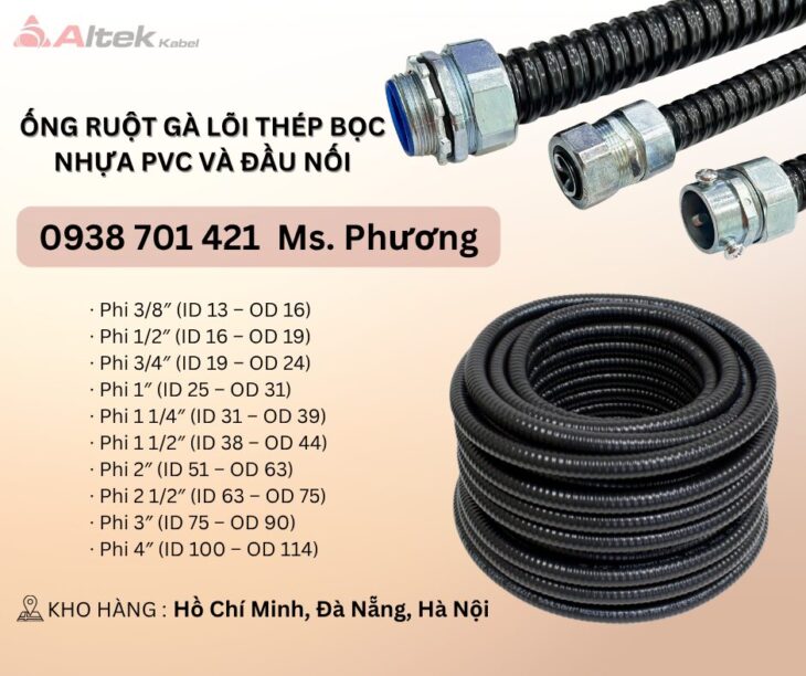 Ống ruột gà lõi thép bọc nhựa PVC và đầu nối tại Đà Nẵng, Hà Nội, Hồ Chí Minh