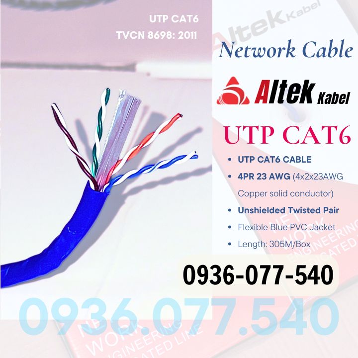Cáp mạng Altek Kabel UTP CAT6 Unshielded Twisted Pair – không chống nhiễu