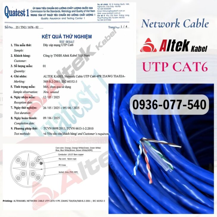 Cáp mạng Altek Kabel UTP CAT6 Unshielded Twisted Pair – không chống nhiễu