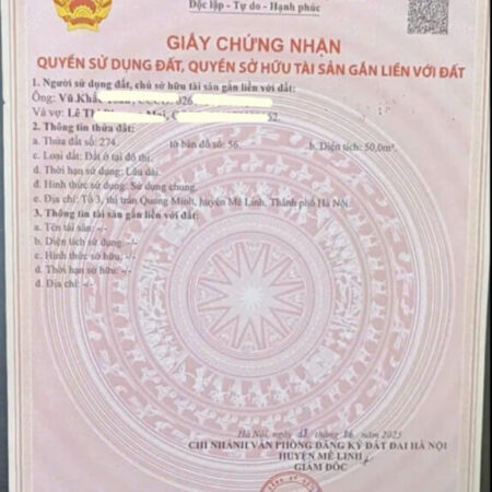 Bán đất tổ 3, Giai Lạc, Quang Minh, Mê Linh. Gần KCN, bệnh viện, trường học, chợ