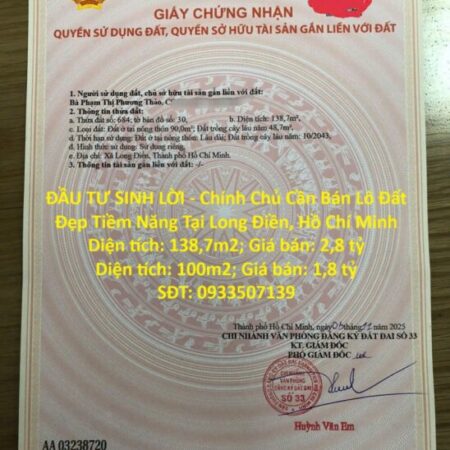 ĐẦU TƯ SINH LỜI – Chính Chủ Cần Bán Lô Đất Đẹp Tiềm Năng Tại Long Điền, Hồ Chí Minh