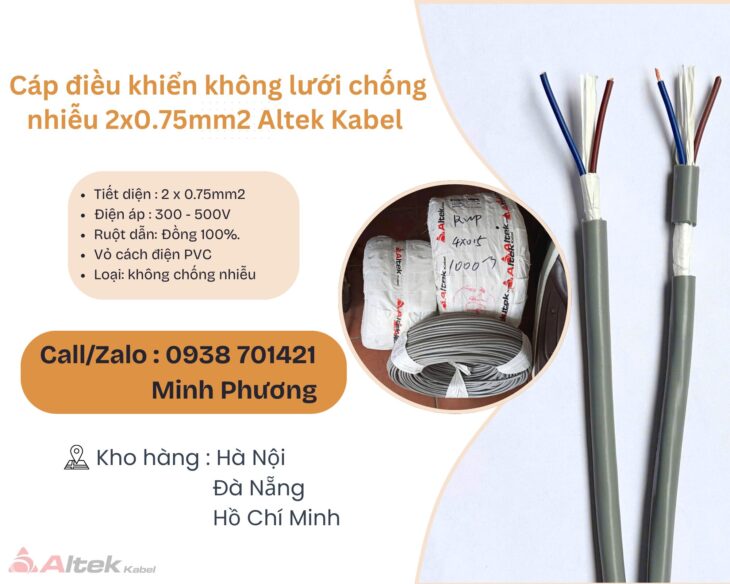 Cáp điều khiển không lưới chống nhiễu 2×0.75mm2 Altek Kabel Đà Nẵng, Bình Định, Nghệ An