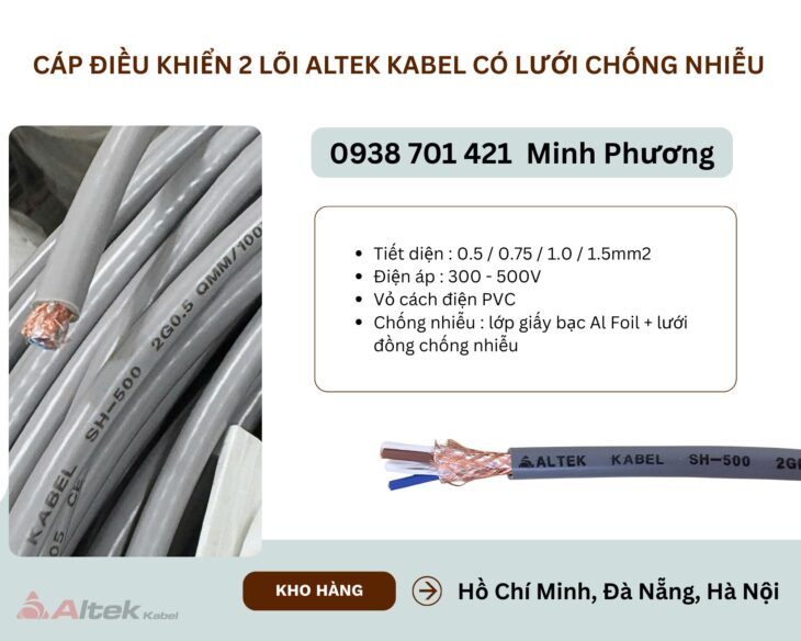 Cáp điều khiển 2 lõi Altek Kabel có lưới chống nhiễu Đà Nẵng, Quảng Bình, Khánh Hòa