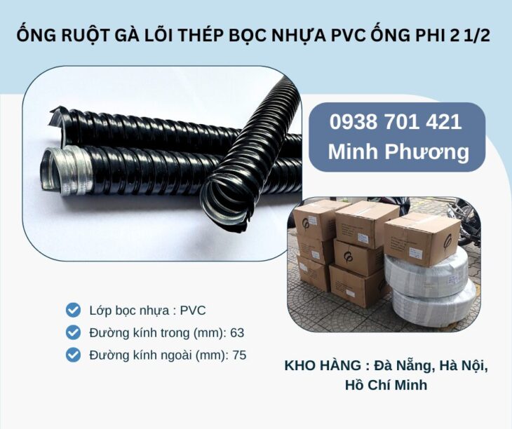 Ống ruột gà lõi thép bọc nhựa Pvc ống phi 2 1/2 có sẵn Đà Nẵng, Hà Nội, Hồ Chí Minh