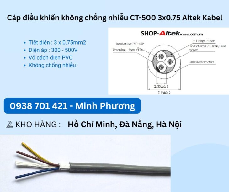 Cáp điều khiển không chống nhiễu CT-500 3×0.75 Altek Kabel Đà Nẵng, Hải Dương, Hải Phòng