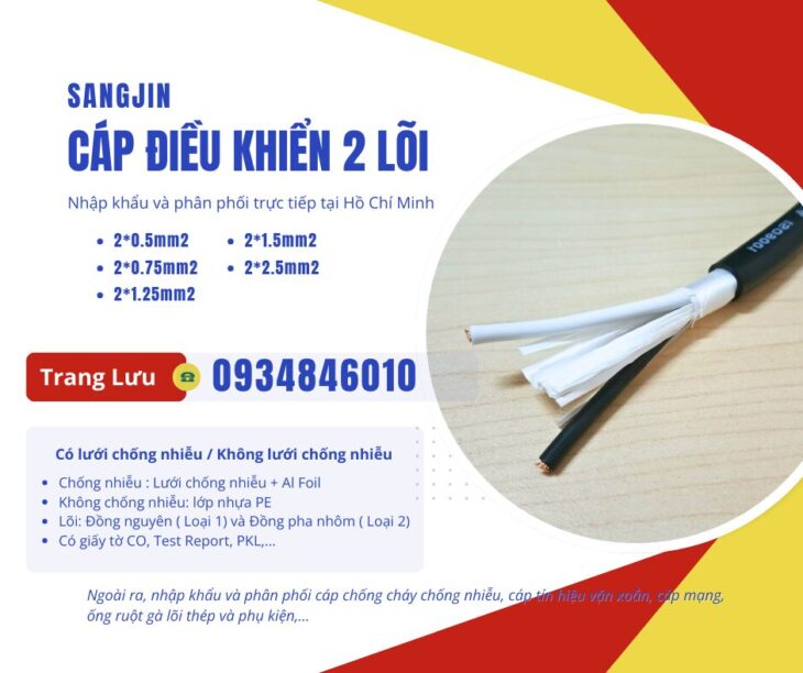 Cáp điều khiển Sangjin 2×0.5/2×0.75/2×1.25/2×1.5/2×2.5 Cần Thơ, Đồng Tháp, Long An
